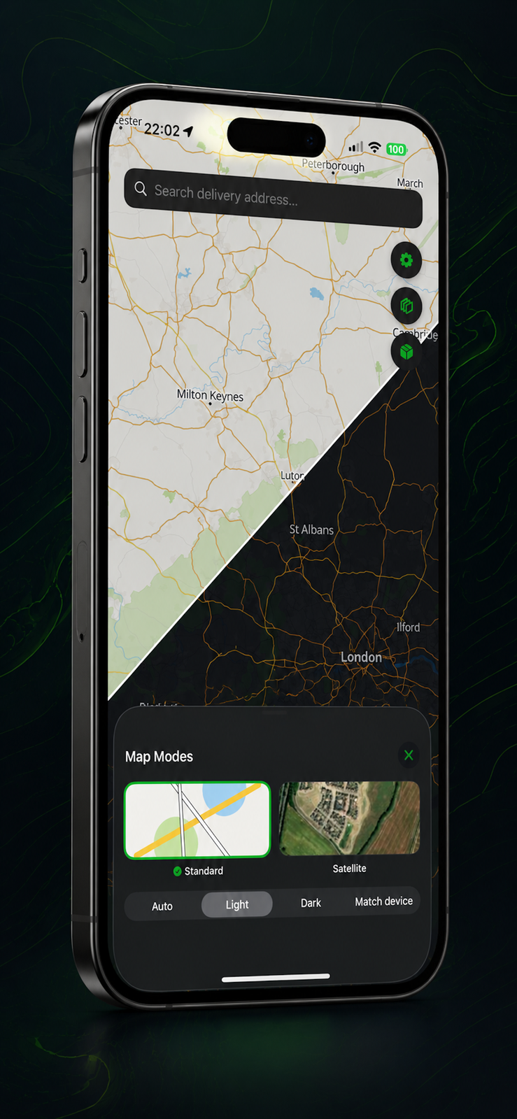 Truki map modes: standard, satellite, light and dark