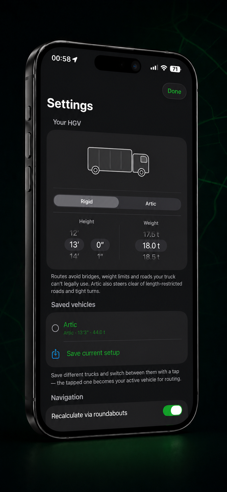 Truki HGV vehicle profile settings